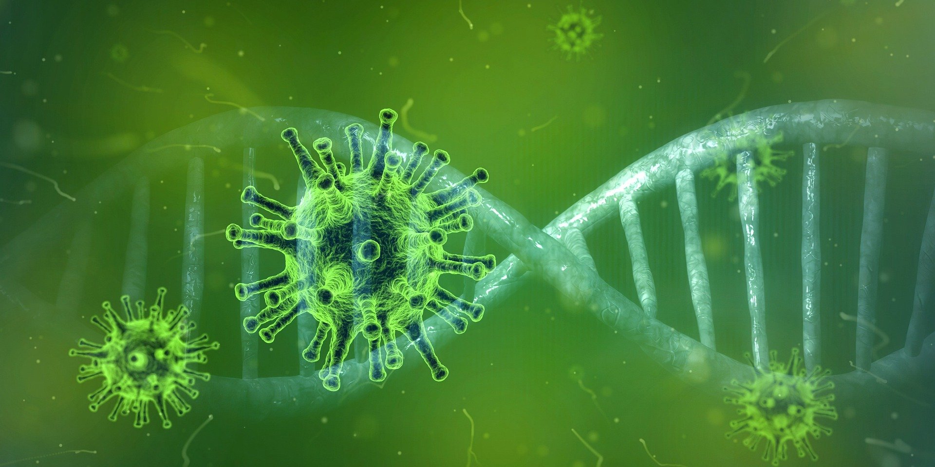 Green viruses next to a DNA strand with green background
