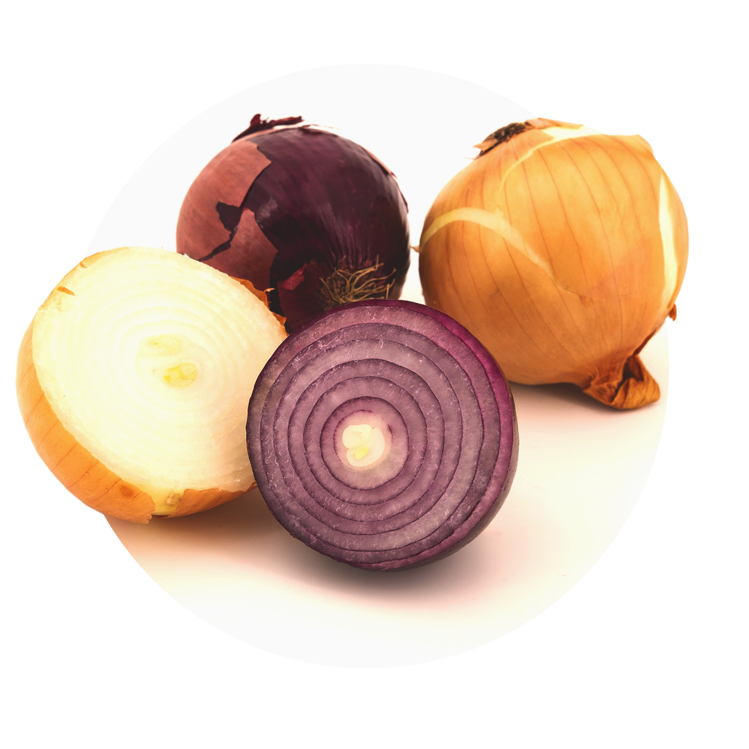 Red and white onions, sliced and whole onions