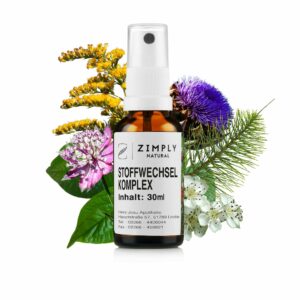 small 30ml spray bottle of amber glass from Zimply Natural stands in front of medicinal plants with the inscription Metabolism Complex
