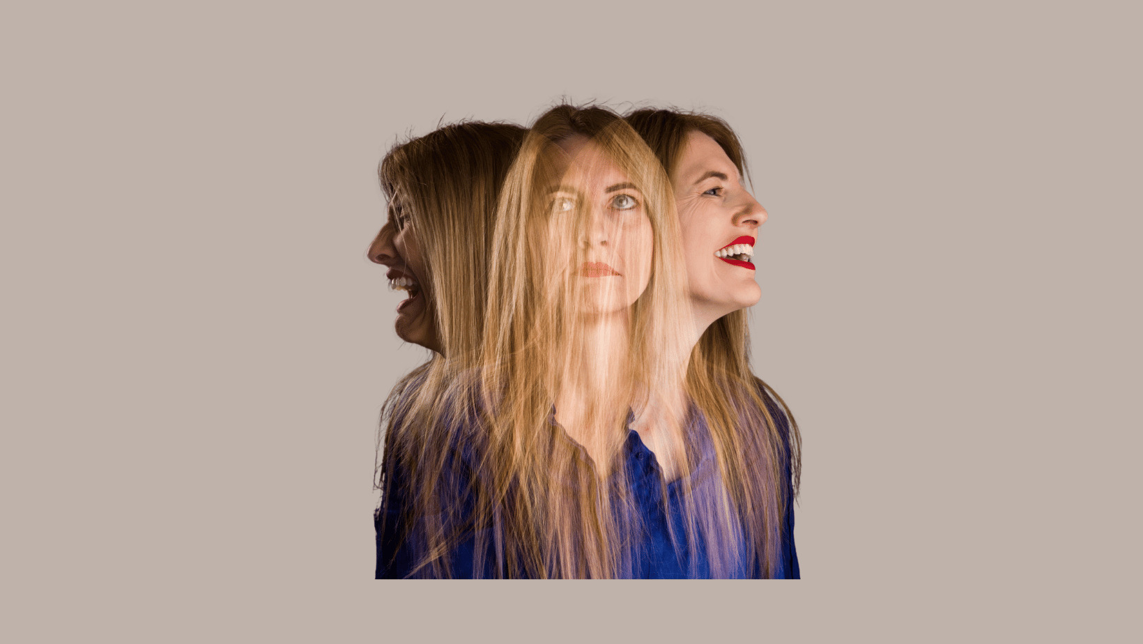 3 versions of blonde woman superimposed in blue shirt crying, neutral, laughing
