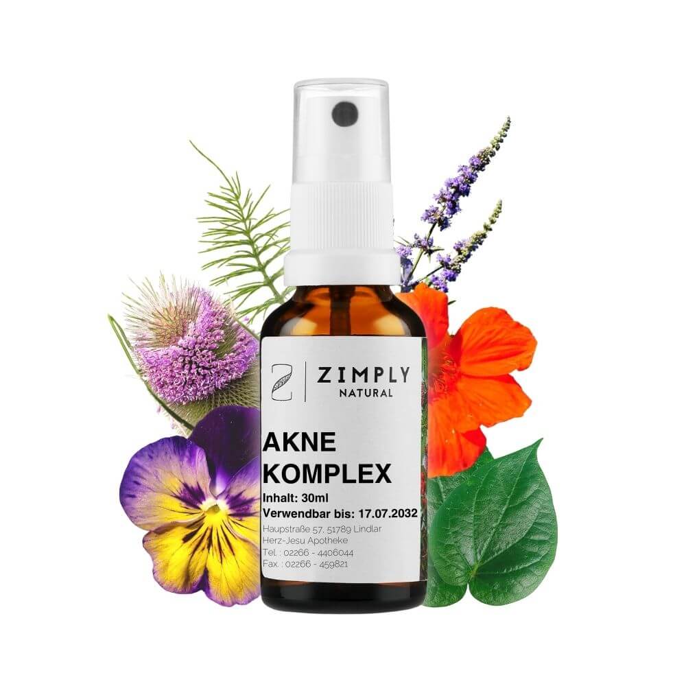 Acne complex as brown flakes with spray head from Zimply Natural with medicinal plants in the background such as monk's pepper, wild teasel, horsetail, kava-kava, nasturtium, field pansy