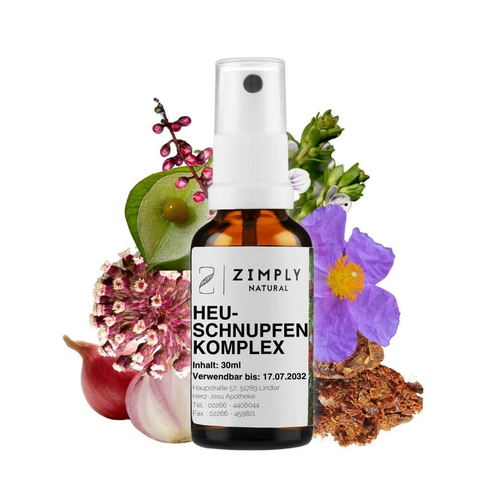 Hay fever complex as brown flakes with spray head from Zimply Natural with medicinal plants in the background such as kitchen onion, American nard, balloon plant, gray-haired rockrose, eyebright, butterbur, propolis