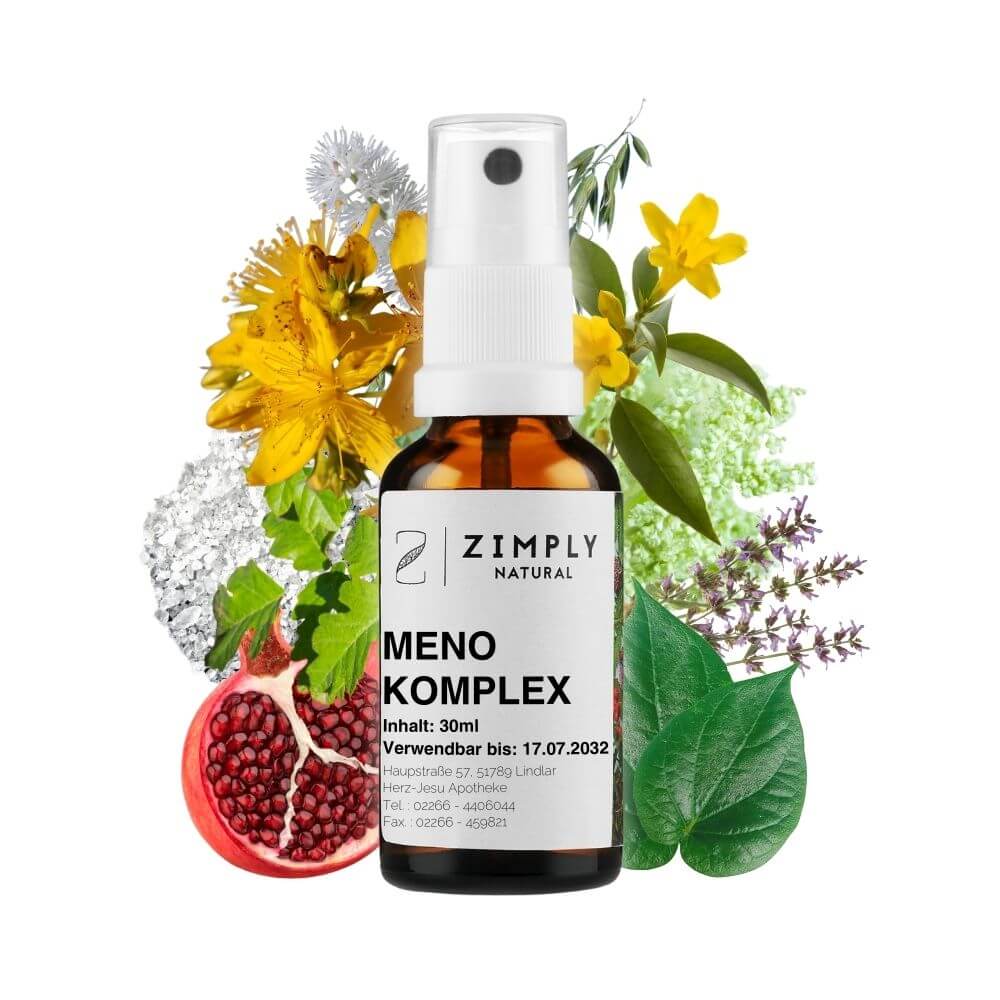 Meno complex as a brown flake with spray head from Zimply Natural with medicinal plants in the background, such as bugwort, St. John's wort, pomegranate, kava kava, sage, oats, gitsumach, wild jasmine, potassium phosphate, rapontic rhubarb and shaggy yam root