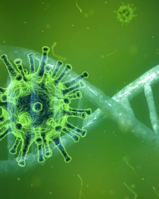 Gruene Viren neben einem DNA-Strang mit gruenem Hintergrund
